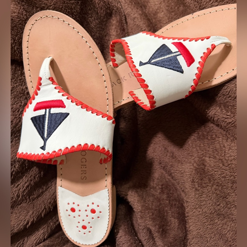 Jack Rogers White Leather Slide Sandals Red Trim and Navy Embroidery Size 9.5M